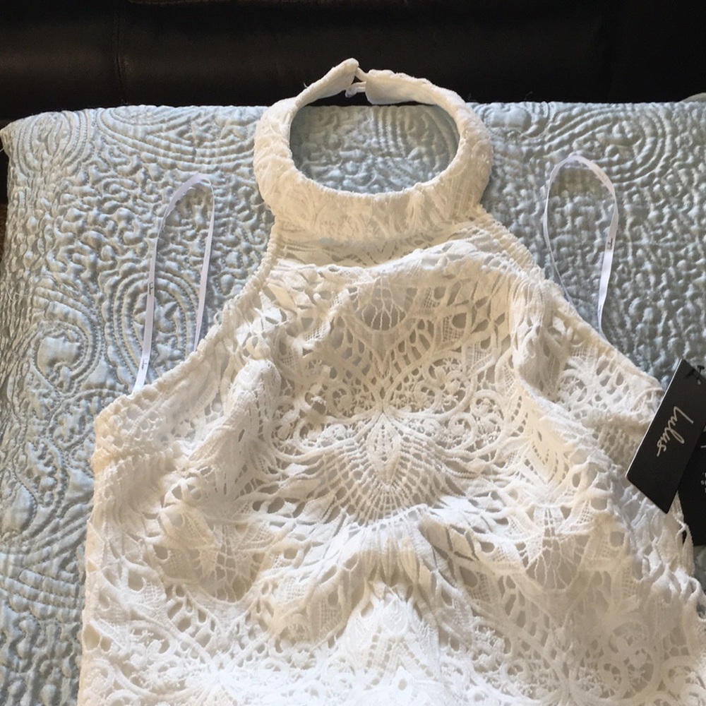 Lulus white lace fitted mid length dress